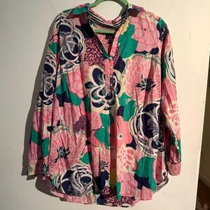 Talbots 2X Plus Size Blouse Floral Cotton Popover Tunic Feminine Resort Travel